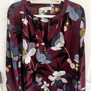 LOFT Burgundy Floral V-Neck Long Sleeve Blouse
